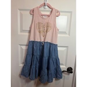 31.435 Girls Pink Striped Gold Glitter Heart Quote Tiered Chambray Dress Size 10